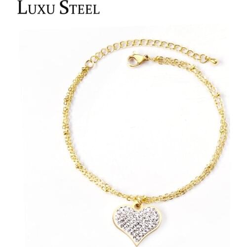 LUXUSTEEL Lovers Gift Double Link Chains Cubic Zirconia Heart Pendants Women Bracelets Bangles Wedding Jewelry Party Extender