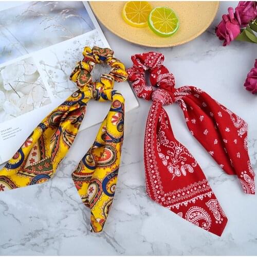 Vintage Print Streamers Scrunchies Elastic Hair Bands For Women Hair Scarf Bows Rubber Ropes Girls Hair Ties Hair Accessories