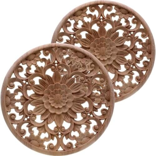 Carved Flower Carving Round Wood Appliques For Furniture Cabinet Unpainted Wooden Mouldings Decal Decorative Figurine CNIM Hot
