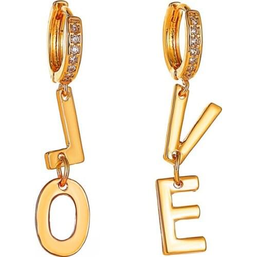 New European and American Asymmetric Design LOVE Letter Metal Gold Color Small Hoop Creativity Earrings with Charm for Women