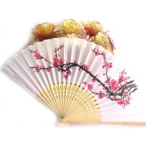White Plum Silk Fan Elegant Plum Blossom Print Folding Wedding Gift Invitations Decorative Fan Single Cloth Fan Photobooth Props
