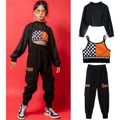 Hip Hop Girls Clothing Crop Tops Lattice Vest Black Pants For Children Casual Wear Jazz Performance Stage Outfit Rave DNV14408