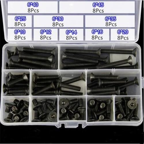 AXK M6 80Pcs/box M6 Carbon Steel Screw Hex Socket Flat Head 10.9 Grade 10-45mm Bolt Assortment for Hardware DIY Tool