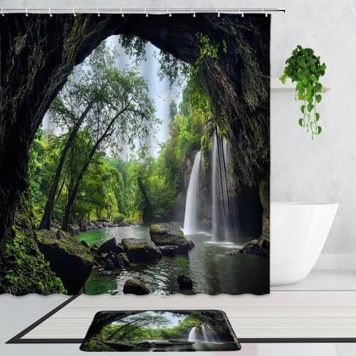3D Cave Waterfall Scenery Shower Curtains Curtain For The Bathroom Nature Forest Trees Landscape Non-slip Bath Mat Carpet Screen