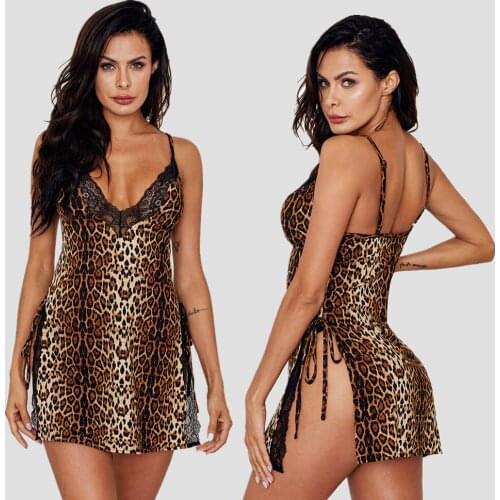 Womens Nightdress Leopard-Print Sexy Sleepwear V Neck Lace Lingerie Sexy Nightwear Cami Nightgowns Summer Home Wear Night Gown