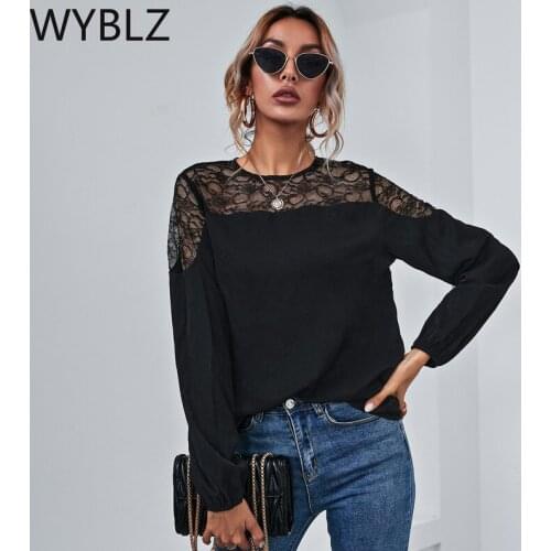WYBLZ Spring and Summer 2021 Newly Women Long Sleeve T-Shirt Transparent Mesh Tops Round Neck Long Sleeve Lace Hollow Out Top