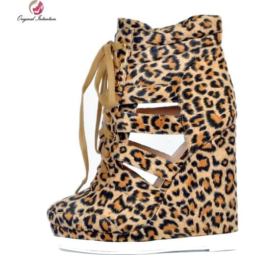 Original Intention Women Ankle Boots Fashion Platform Round Toe Wedges Boots High-quality Leopard Shoes Woman Plus US Size 4-15