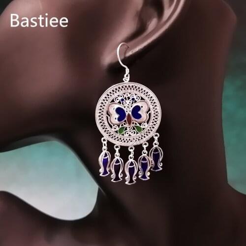 Bastiee 999 Sterling Silver Earrings Women Luxury Jewelry Fine Big Round Earing Butterfly Tassel Cloisonne Enamel Hmong Handmade