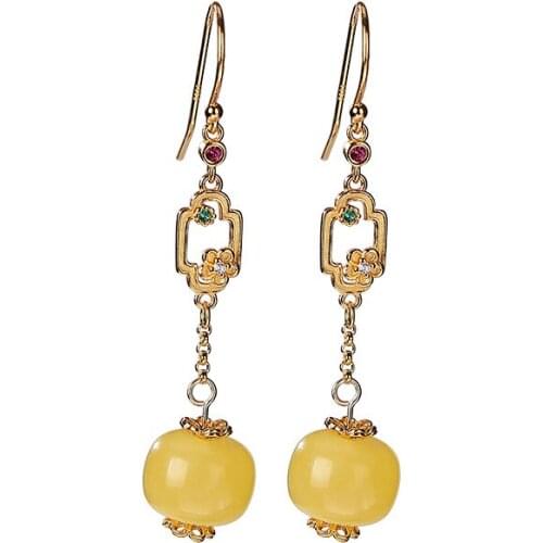 925 sterling silver gold plated natural beeswax earrings vintage Plum Hollow earring pendant for ladies ear hooks