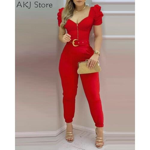 Women Plain Puffed Sleeve Jumpsuit With Belt