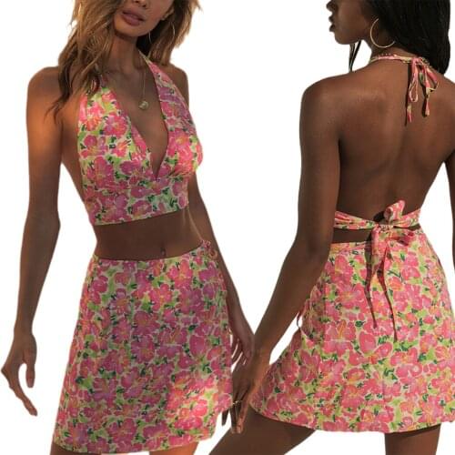 1 Set Women Drawstring Outfit Floral Printed Halter Backless Vest + High-Waist Cropped Skirt Girls Summer Short Sets
