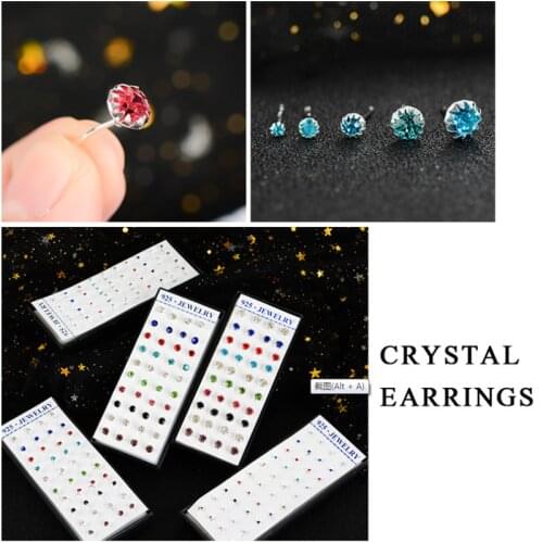2/3/4/5MM 1 Set 40pcs 925 Sterling Silver Women Earring Studs Mixed Color Cubic Zirconia Fashion Jewelry Party Gift