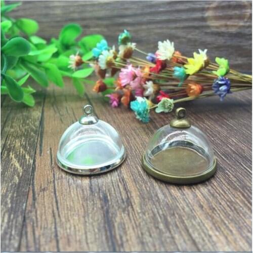 20sets/lot 20mm clear glass globes bronze/silver plated round tray bead cap setting diy jewelry necklace vial pendants making