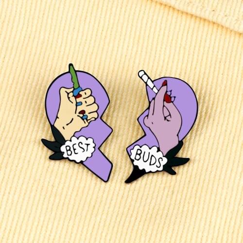 2Pcs/Set Couple Enamel Pins Denim Lapel Pin Best Buds Broken Heart Puzzle Smoke Cigarette Lighter Collar Brooches Badge Jewelry