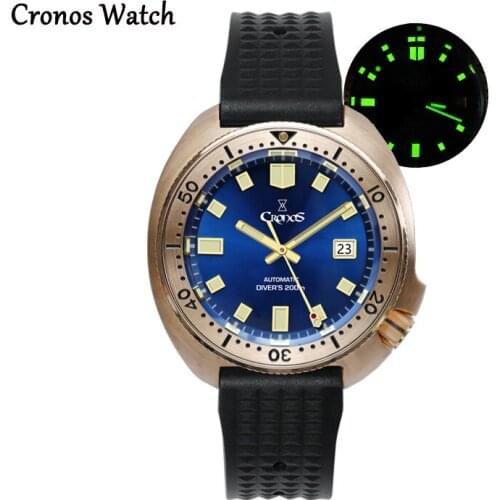Cronos Turtle Diver Men Watch Bronze Automatic PT5000/SW200 Movement Rotating Bezel Sapphire Crystal Leather Strap