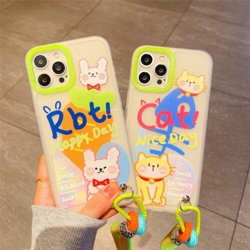Cartoon Rabbit & Cat Elastic Handle Rope Case for iPhone 12 Pro Max Back Phone Cover for 12 11 Pro Max X XS XR 8 7 Plus SE 2020