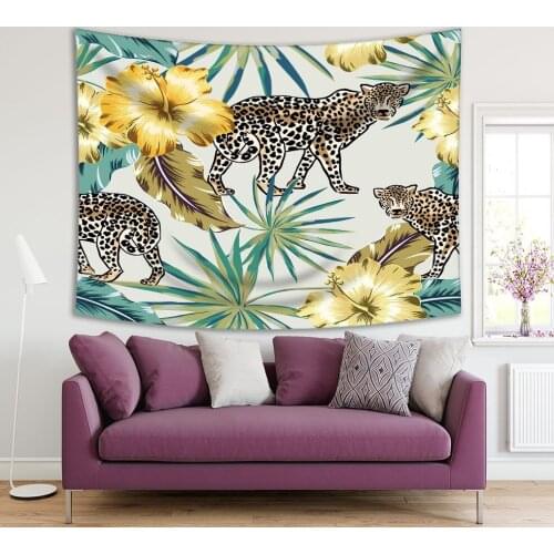Tapestry Leopard Exotic in Jungle Forest Leaves Flowers Wild Nature Artwork Printed Green Brown Yellow