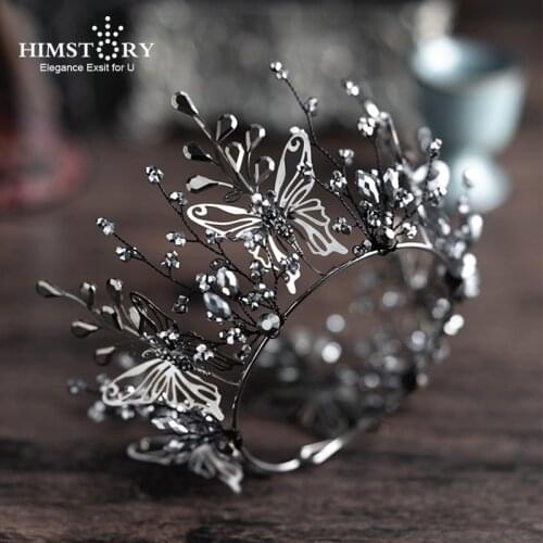 HIMSTORY Black Handmade Butterfly Vintage Wedding Tiara Crown Baroque Bridal Hair Accessories Black Beads Headpiece Jewlery Hairwear