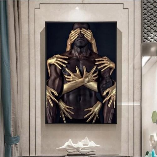 African Art Black Gold Nude Embrace Canvas Paintings Wall Art Posters and Prints Man Woman Wall Pictures for Living Room Cuadros