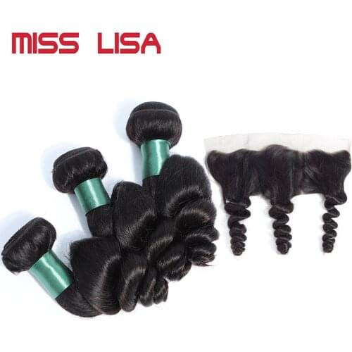 MISS LISA Loose Wave Bundles With 13*4 Lace Frontal Non-Remy Peruvian Human Hair Weave Bundles With Frontal Hair Extension