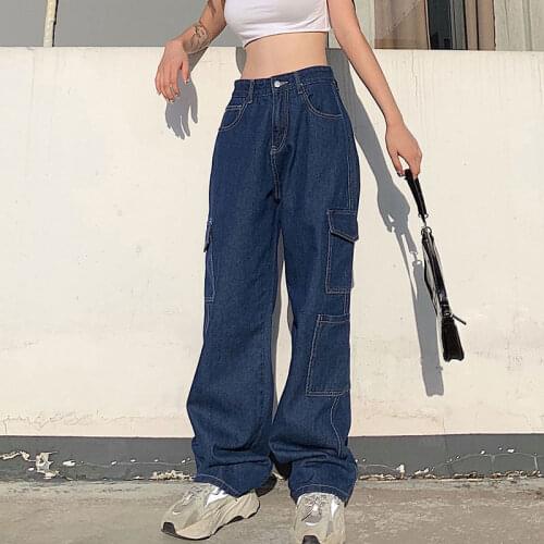 Fashion Loose Jeans Streetwear Casual Workout Pants Woman Hip Hop Womens Cotton Trousers Big Pocket Blue Black White 2021