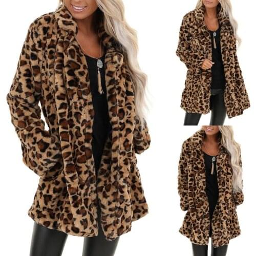 New Womens Leopard Faux Fur Pocket Fuzzy Coat Warm Winter Oversized Outwear Long Coat Cardigan Strickjacke Manteau Manteau 2021