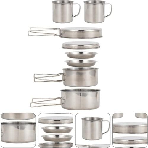 Outdoor Stainless Steel 8Pcs Camping Picnic Cooking Cook Pan Set Folding Mountain Hiking Non-stick Pot Combination5-6 People