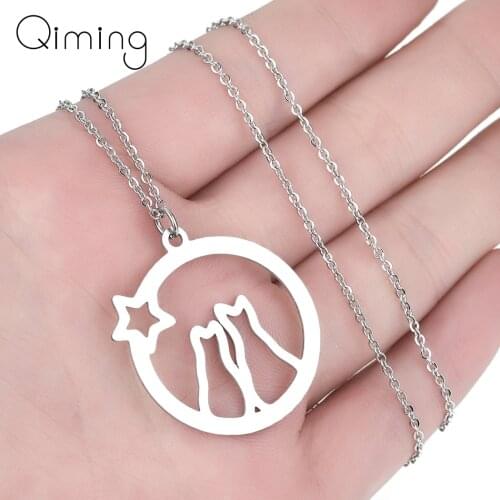 Lovely Love Cats Pendant Stainless Steel Necklace For Baby Girls Hollow Star Cute Animal Pet Lover Jewelry Fashion Necklace Gift