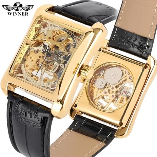 Rectangle Gold Hand-Wind Mechanical Watches for Men Black Leather Band Watch for Teenagers Skeleton Transparent Watch for Man