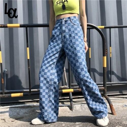 Luck A Harajuku Unisex Pants Plaid Pattern Loose Long Women Men Pant Outwear Fashion Blue Jeans Streetwear Hipster Cargo Pants