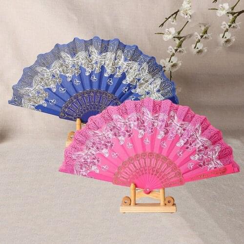 Chinese Style Fan Pattern Folding Dance Wedding Party Lace Silk Folding Hand Held Flower Fan Girl Women Photo Prop Art Craft