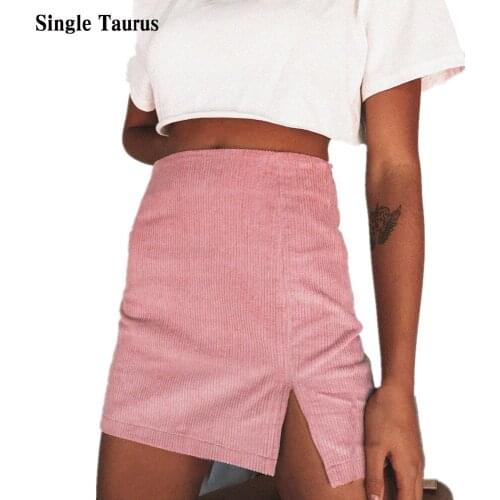 High Waist Corduroy Skirts 2021 Summer A Line Solid Color Split Fork Mini Korean Style Pink Kawaii Skirt