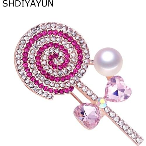 SHDIYAYUN New Pearl Brooch Rinestone Lovely Lollipop Brooch Simple Pins for Women Natural Freshwater Pearl Jewelry Dropshipping