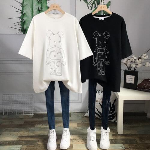 Large Size Brushed Short-sleeved Womens T-shirt New Front and Rear Hot Drilling Bear Print Top Summer Plus Size Women Shirts