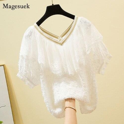 Plus Size L-4XL Summer Women Blouse 2021 Fashion V-neck Ruffles Blouses Loose Tops Mesh Lace White Chiffon Shirts Clothing14208