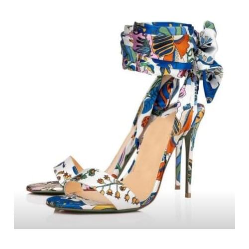 Moraima Snc Flower Printed Cloth Sandals for Women Summer Open Toe Lace-up Gladiator Shoes Thin Heels Sexy Dress Shoes