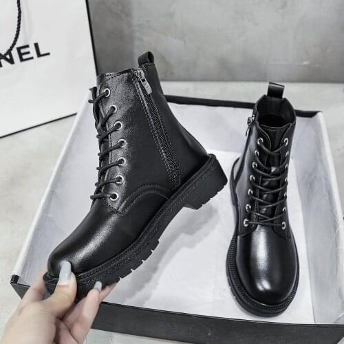 Round Toe Med Heel Boots Women Shoes Autumn Boots-women Booties Ladies Lace Up Luxury Designer Lolita Black 2021 Rubber Flat