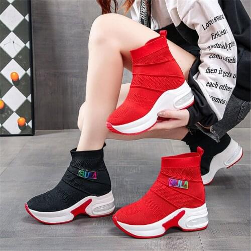 2021Spring Socks Ankle Boots Women Sneakers Women Increase 9 Cm Wedge Sneakers Comfortable Sneakers Women Black