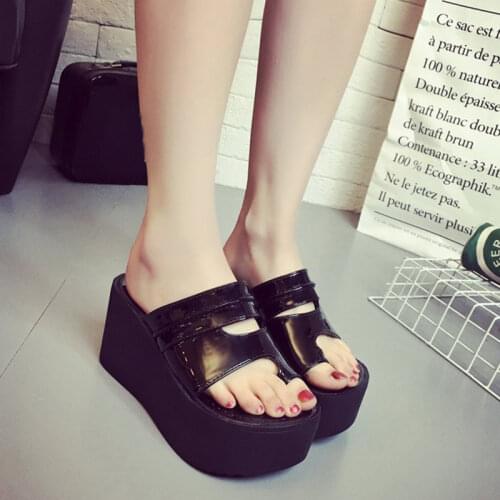 Rimocy Women Casual Clip Toe Chunky Platform Slippers Summer Pu Leather Wedges Heels Flip Flops Woman Black Gothic Beach Slides