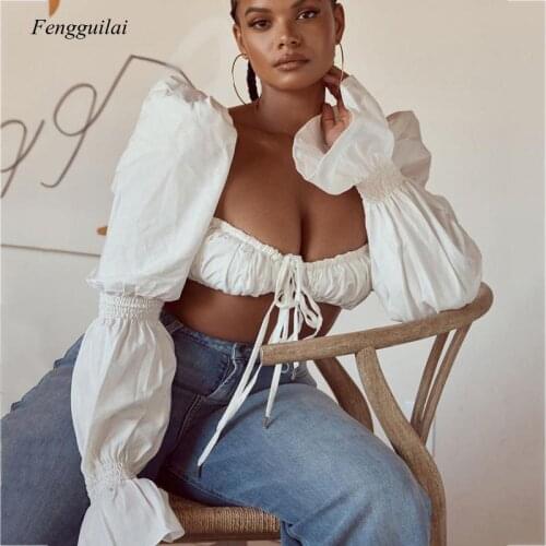 2021 Summer New Womens Sexy Fashion Solid Color Lantern Sleeve Lace Up Pleated Open Navel Short Top