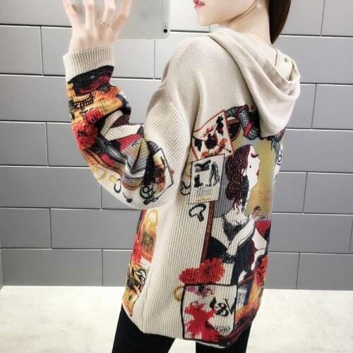 Knitted Hooded Sweater Women Loose Autumn New Style Korean Sweater Coat Retro Printing Outer Jacket