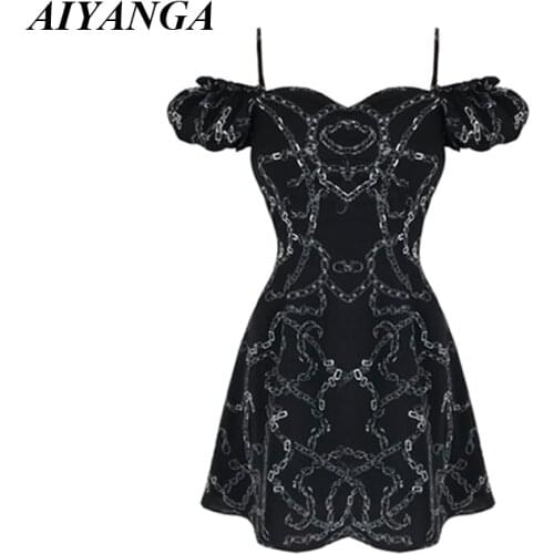 Vintage Off Shoulder Chain Print Dress Puff Sleeve Sexy Y2k Mini Dresses Women Spaghetti Strap Casual Gothic Dress Summer 2021