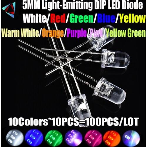 100pcs/lot F5 10 Colors 5MM Round Green/Yellow/Blue/White/Red/Warm White/Orange/Purple/Pink/Yellow Green LED Light Diode Kit