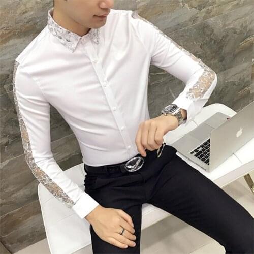 Black White Casual Shirt Men Sexy Lace Blouse Male Long Sleeve Party Dress Shirts Slim Fit Luxury Night Club Social Tuxedo Men