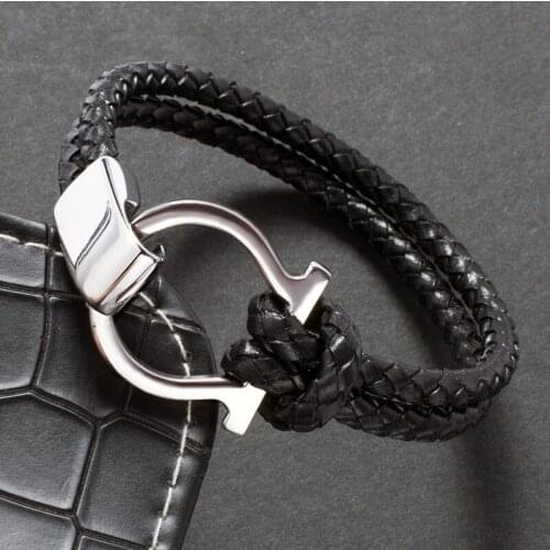 Black Braided Leather Bracelet Men Fashion Jewelry Unique Stainless Steel Buckle Charm Bracelets Punk Male Wrist Band Jewelry