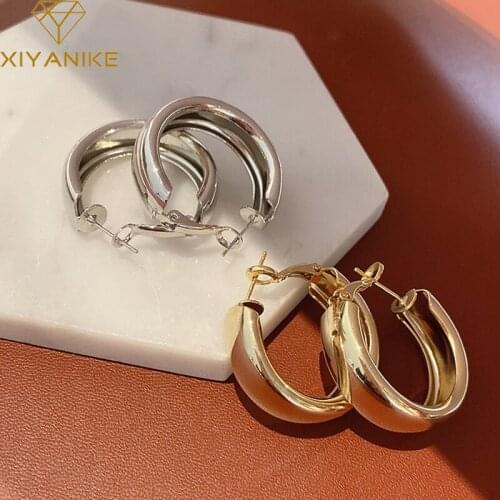 XIYANIKE Retro Elegant Geometric Round Thick Loop Earrings Pendant Silver-Plated Golden Alloy Earrings Female Fashion Jewelry