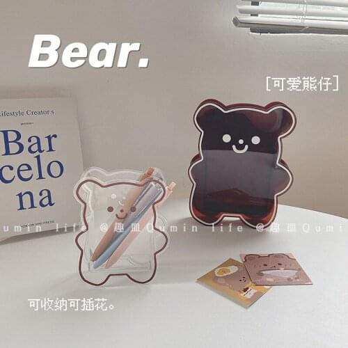 Cute Bear Makeup Brush Storage Bucket Desktop Pen Holder Acrylic Vase Pencil Case Children Gift Girl Room Decoration Home Decor