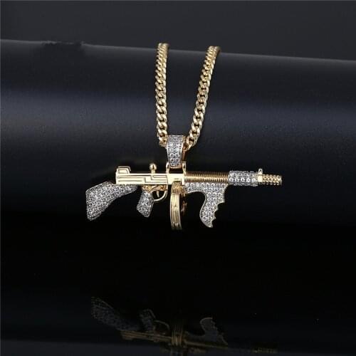 Iced Out Gold Machine Gun Pendant Pave Cubic Zircon Peace Necklace With 24" Cuban Chain Fashion Hip Hop Jewelry For Men