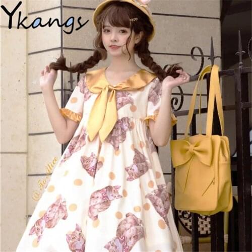Lolita Sweet Cute Short Sleeve Kawaii Kitten Printing Doll Collar Dress Summer New Japanese Style Yellow Elegant Women Clothing