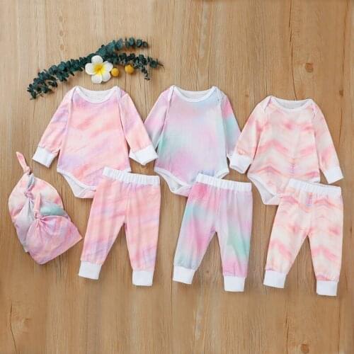 Baby Boys Girls Clothes Long Sleeves Autumn Winter Suits Tie-dye Rainbow Fashion Rompers+Pants+Hat 3 PCS Sets Kids Outfits 0-12M